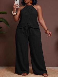 Veslaya Plus Size Women Solid Color Pleated Halter Neck Top And Wide Leg Pants Set Vacation Office Black Summer Casual - Black - View 8