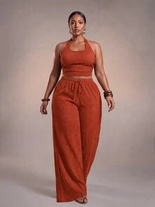 Veslaya Plus Size Women's Solid Color Halter Tank Top And Wide Leg Pants Casual 2-Piece Set - Burnt Orange - View 1