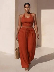 Veslaya Plus Size Women's Solid Color Halter Tank Top And Wide Leg Pants Casual 2-Piece Set - Burnt Orange - View 2