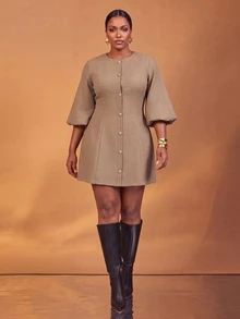 Veslaya Vestido de talla grande con mangas de linterna y botones delanteros - Caqui - Ver 7