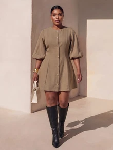 Veslaya Vestido de talla grande con mangas de linterna y botones delanteros - Caqui - Ver 1