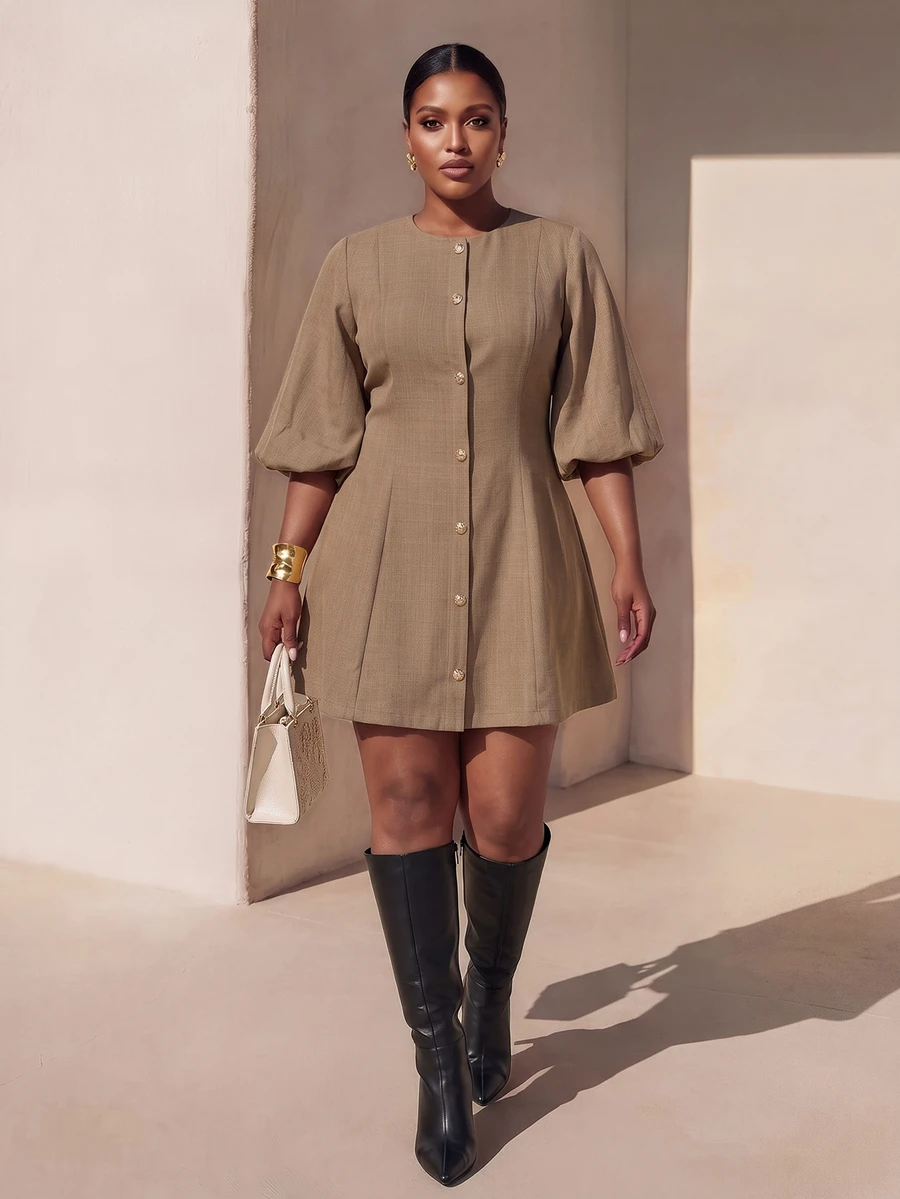 Veslaya Vestido de talla grande con mangas de linterna y botones delanteros - Caqui - Ver 1