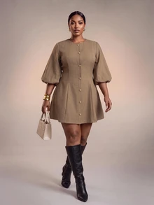Veslaya Vestido de talla grande con mangas de linterna y botones delanteros - Caqui - Ver 3