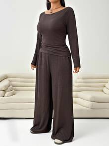 Solflare 2pcs Plus Size Textured Brown Pleated Long Sleeve Top And Pockets Pants Set Autumn Formal Vacation Casual Baggy - Brown - View 6