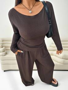 Solflare 2pcs Plus Size Textured Brown Pleated Long Sleeve Top And Pockets Pants Set Autumn Formal Vacation Casual Baggy - Brown - View 3