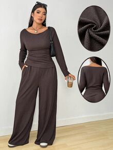 Solflare 2pcs Plus Size Textured Brown Pleated Long Sleeve Top And Pockets Pants Set Autumn Formal Vacation Casual Baggy - Brown - View 7