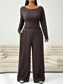 Solflare 2pcs Plus Size Textured Brown Pleated Long Sleeve Top And Pockets Pants Set Autumn Formal Vacation Casual Baggy - Brown - View 4