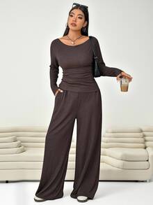 Solflare 2pcs Plus Size Textured Brown Pleated Long Sleeve Top And Pockets Pants Set Autumn Formal Vacation Casual Baggy - Brown - View 5