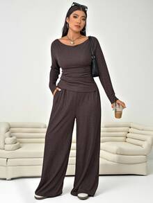 Solflare 2pcs Plus Size Textured Brown Pleated Long Sleeve Top And Pockets Pants Set Autumn Formal Vacation Casual Baggy - Brown - View 1