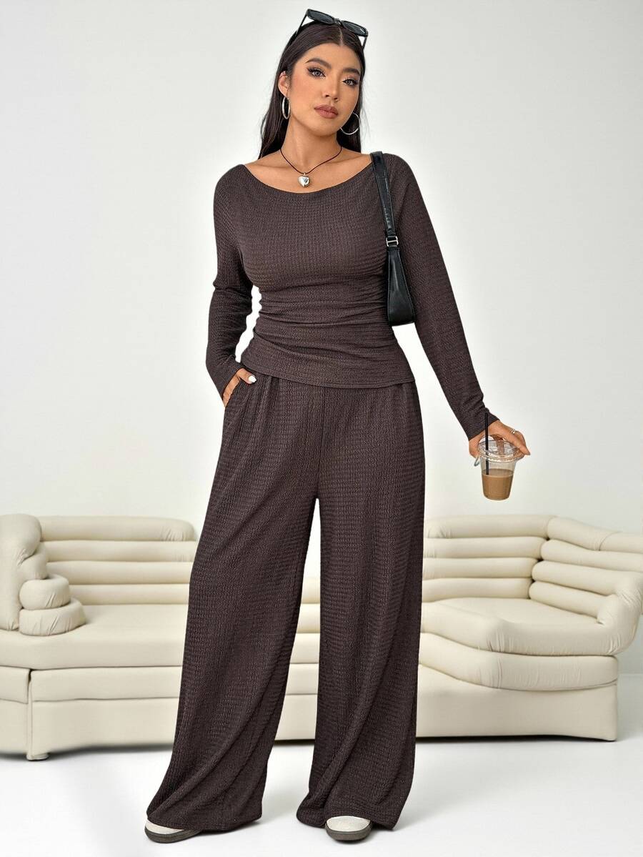 Solflare 2pcs Plus Size Textured Brown Pleated Long Sleeve Top And Pockets Pants Set Autumn Formal Vacation Casual Baggy - Brown - View 1