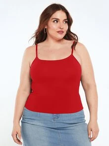 SHEIN BASICS Plus Size Solid Color Slim Spaghetti Strap Baggy Básica Smart Traditional Tank Top Summer Birthday Evening Formal Vacation Red Casual - Red - View 6