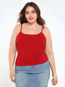 SHEIN BASICS Plus Size Solid Color Slim Spaghetti Strap Baggy Básica Smart Traditional Tank Top Summer Birthday Evening Formal Vacation Red Casual - Red - View 9