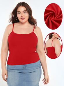 SHEIN BASICS Plus Size Solid Color Slim Spaghetti Strap Baggy Básica Smart Traditional Tank Top Summer Birthday Evening Formal Vacation Red Casual - Red - View 2