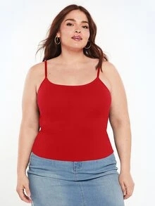 SHEIN BASICS Plus Size Solid Color Slim Spaghetti Strap Baggy Básica Smart Traditional Tank Top Summer Birthday Evening Formal Vacation Red Casual - Red - View 5