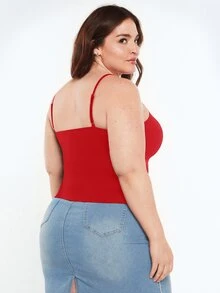 SHEIN BASICS Plus Size Solid Color Slim Spaghetti Strap Baggy Básica Smart Traditional Tank Top Summer Birthday Evening Formal Vacation Red Casual - Red - View 3