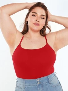 SHEIN BASICS Plus Size Solid Color Slim Spaghetti Strap Baggy Básica Smart Traditional Tank Top Summer Birthday Evening Formal Vacation Red Casual - Red - View 7