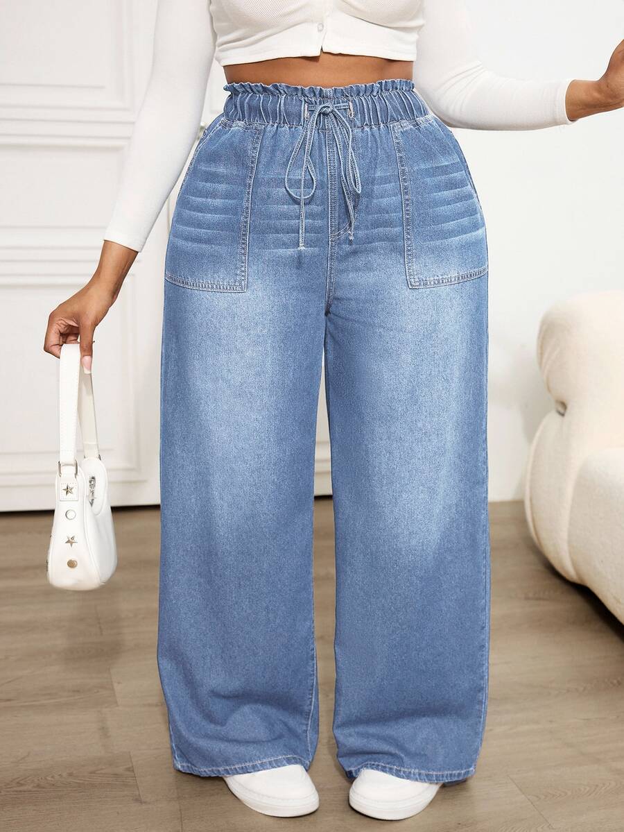 SHEIN ICON بنطلون جينز مقاس كبير كاجوال بأسلوب سباق الثمانينات، خصر مطاطي فضفاض، ساق مستقيمة، أزرق فاتح، مناسب للمناسبات الرسمية والعطلات الصيفية