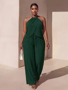 Veslaya 2026 Spring/Summer Women's Plus Size Solid Color Halter Neck Jumpsuit For Vacation And Casual Wear Vacation Dark Green - Dark Green - View 9
