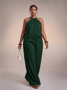 Veslaya 2026 Spring/Summer Women's Plus Size Solid Color Halter Neck Jumpsuit For Vacation And Casual Wear Vacation Dark Green - Dark Green - View 2