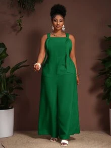 Veslaya Spring/Summer Vacation Strap Jumpsuit Pockets, Textured Fabric, Plus Size Women Mint Green Wide-Leg Casual Elegant Sleeveless Formal - Green - View 6