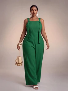 Veslaya Spring/Summer Vacation Strap Jumpsuit Pockets, Textured Fabric, Plus Size Women Mint Green Wide-Leg Casual Elegant Sleeveless Formal - Green - View 1