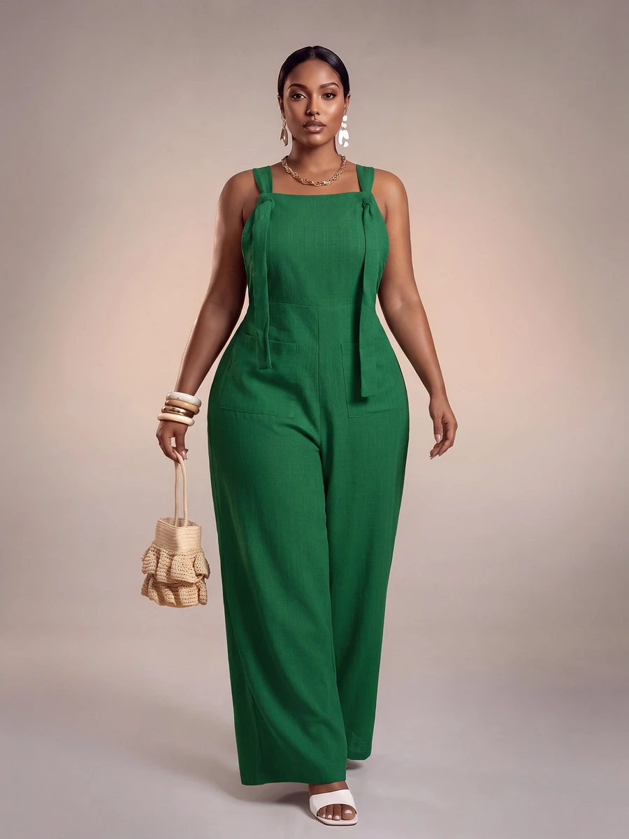 Veslaya Spring/Summer Vacation Strap Jumpsuit Pockets, Textured Fabric, Plus Size Women Mint Green Wide-Leg Casual Elegant Sleeveless Formal - Green - View 1