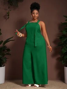Veslaya Spring/Summer Vacation Strap Jumpsuit Pockets, Textured Fabric, Plus Size Women Mint Green Wide-Leg Casual Elegant Sleeveless Formal - Green - View 5