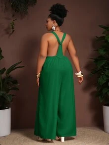 Veslaya Spring/Summer Vacation Strap Jumpsuit Pockets, Textured Fabric, Plus Size Women Mint Green Wide-Leg Casual Elegant Sleeveless Formal - Green - View 4