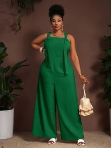 Veslaya Spring/Summer Vacation Strap Jumpsuit Pockets, Textured Fabric, Plus Size Women Mint Green Wide-Leg Casual Elegant Sleeveless Formal - Green - View 7