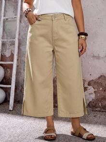 EMERY ROSE EMERY ROSE Plus Size Women's Pocket Side Slit Wide Leg Loose Casual 80s Baggy Cropped Denim Jeans Formal Vacation Graduation Khaki Autumn - Khaki - View 8