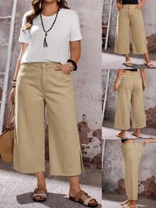 EMERY ROSE EMERY ROSE Plus Size Women's Pocket Side Slit Wide Leg Loose Casual 80s Baggy Cropped Denim Jeans Formal Vacation Graduation Khaki Autumn - Khaki - View 4
