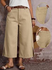 EMERY ROSE EMERY ROSE Plus Size Women's Pocket Side Slit Wide Leg Loose Casual 80s Baggy Cropped Denim Jeans Formal Vacation Graduation Khaki Autumn - Khaki - View 9