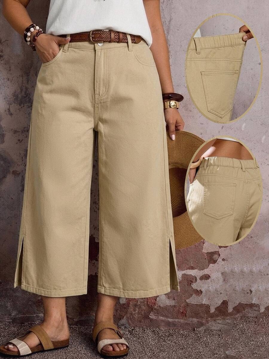 EMERY ROSE EMERY ROSE Plus Size Women's Pocket Side Slit Wide Leg Loose Casual 80s Baggy Cropped Denim Jeans Formal Vacation Graduation Khaki Autumn