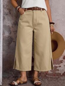 EMERY ROSE EMERY ROSE Plus Size Women's Pocket Side Slit Wide Leg Loose Casual 80s Baggy Cropped Denim Jeans Formal Vacation Graduation Khaki Autumn - Khaki - View 2