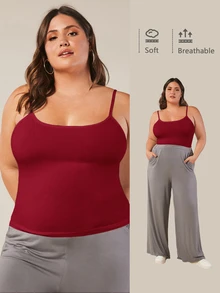 SHEIN BASICS Plus Solid Cami Top Summer Tops Summer Outfit For Women Formal Home Wear Red Casual Traditional Classy Formal Home Wear - Burgundy - View 7
