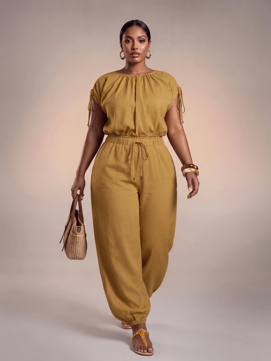 Veslaya Spring/Summer Women's Plus Size Pleated Top And Drawstring Waist Long Pants Set - Yellow - View 1