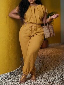Veslaya Spring/Summer Women's Plus Size Pleated Top And Drawstring Waist Long Pants Set - Yellow - View 6