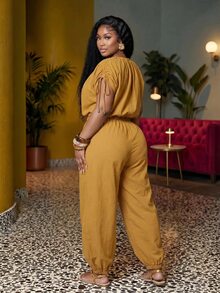 Veslaya Spring/Summer Women's Plus Size Pleated Top And Drawstring Waist Long Pants Set - Yellow - View 4
