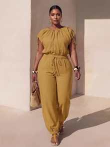 Veslaya Spring/Summer Women's Plus Size Pleated Top And Drawstring Waist Long Pants Set - Yellow - View 3
