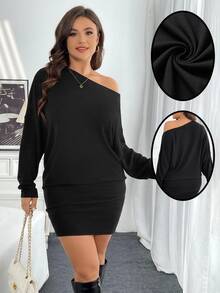 SHEIN Essnce Damen-Kleid in großen Größen mit freien Schultern, diagonales schwarzes Mini-Kleid für den Winter, sexy Ausgehkleid für die Nacht - Schwarz - Übersicht 7