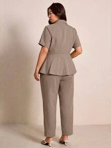 Elaquor Plus Size Summer Casual Elegant Solid Color Shirt And Pants 2 Pieces Set Office Business Formal Work Brunch Chocolate Brown Teachers' Day - Khaki - View 2