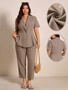 Elaquor Plus Size Summer Casual Elegant Solid Color Shirt And Pants 2 Pieces Set Office Business Formal Work Brunch Chocolate Brown Teachers' Day - Khaki - View 9