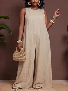 Veslaya Jumpsuit Wanita Ukuran Besar Warna Polos Leher Bulat Kasual untuk Pakaian Sehari-hari dan Celana Panjang Lebar - Khaki - View 6