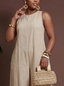 Veslaya Jumpsuit Wanita Ukuran Besar Warna Polos Leher Bulat Kasual untuk Pakaian Sehari-hari dan Celana Panjang Lebar - Khaki - View 7
