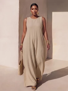 Veslaya Jumpsuit Wanita Ukuran Besar Warna Polos Leher Bulat Kasual untuk Pakaian Sehari-hari dan Celana Panjang Lebar - Khaki - View 3