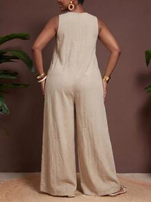 Veslaya Jumpsuit Wanita Ukuran Besar Warna Polos Leher Bulat Kasual untuk Pakaian Sehari-hari dan Celana Panjang Lebar - Khaki - View 5