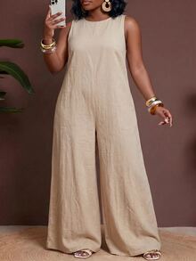 Veslaya Jumpsuit Wanita Ukuran Besar Warna Polos Leher Bulat Kasual untuk Pakaian Sehari-hari dan Celana Panjang Lebar - Khaki - View 8