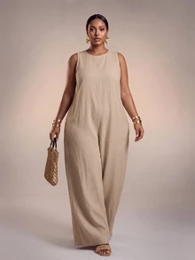 Veslaya Jumpsuit Wanita Ukuran Besar Warna Polos Leher Bulat Kasual untuk Pakaian Sehari-hari dan Celana Panjang Lebar - Khaki - View 10