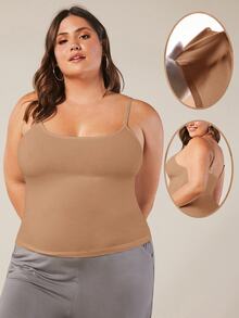 SHEIN BASICS Plus Solid Cami Top Summer Tops Summer Outfit For Women Formal Home Wear Evening Camel Casual Traditional Baggy - Khaki - View 9