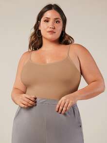 SHEIN BASICS Plus Solid Cami Top Summer Tops Summer Outfit For Women Formal Home Wear Evening Camel Casual Traditional Baggy - Khaki - View 3